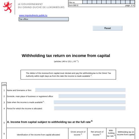 Aperçu du document en Withholding tax return on income from capital — Impots, Luxembourg (CERFA n°900E)